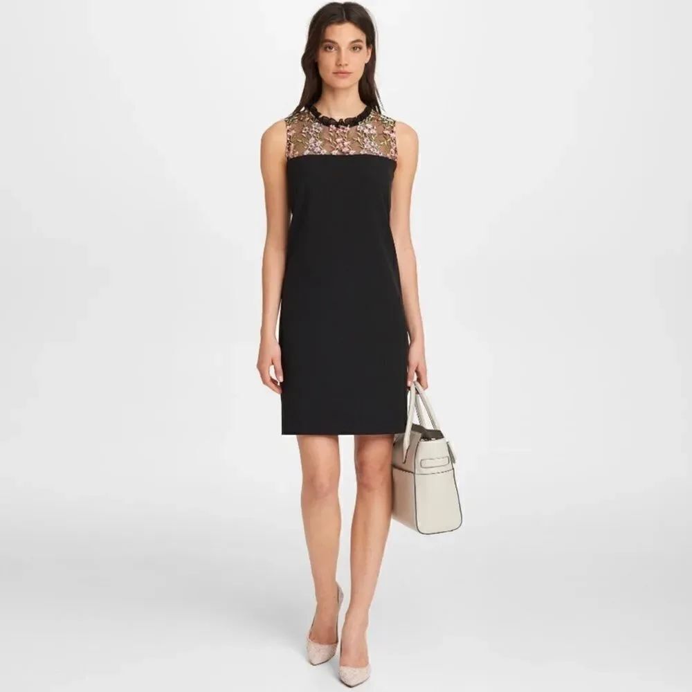 Karl 8 Black Multi Embroidered Tulle Mock Ruched Neck Sleeveless Shift Dress